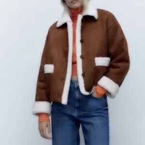 Zara Tan Shearling Jacket with White Trim